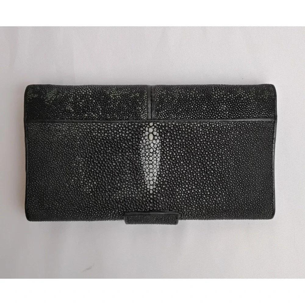 Genuine Stingray Leather TriFold Wallet Black/Green Textured Button Close #J5866
